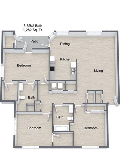 Floor plan for 3 beds, 2 baths, 1282 sqft